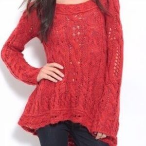 Free People Hot Tottie Red Cable Knit Sweater Sheer Boho Flare Small